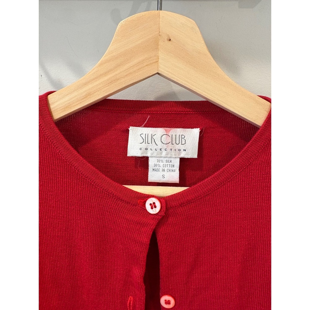 Silk Club Collection Red Silk Cotton Blend Button Front Cardigan - Picture 4 of 6